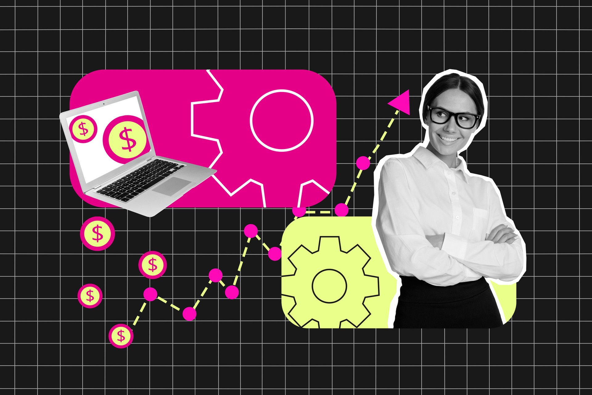 Collage of black white effect girl crossed hands dialogue bubble cogwheel laptop money growing arrow upwards isolated on checkered background