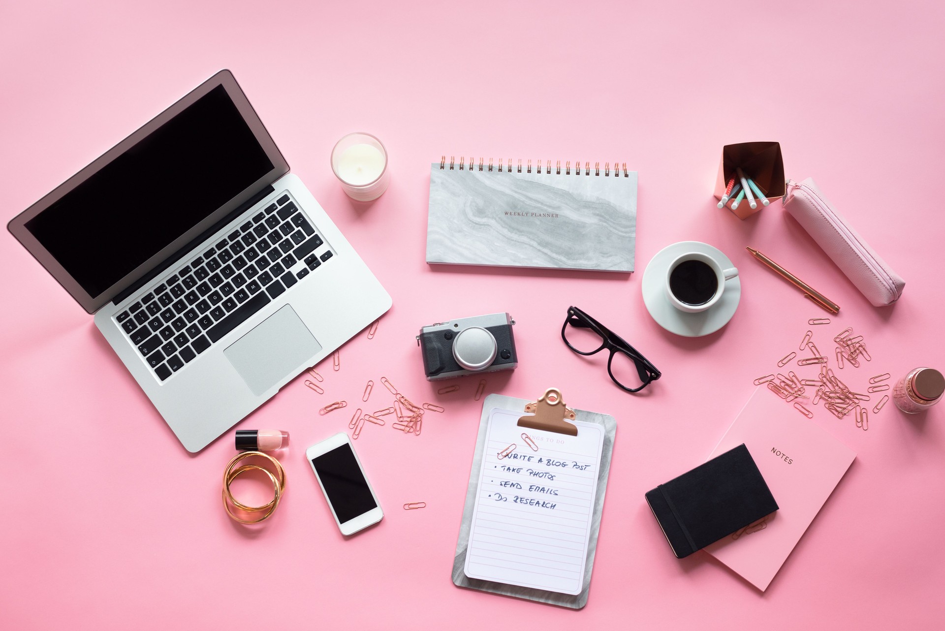 High angle view of female blogger table